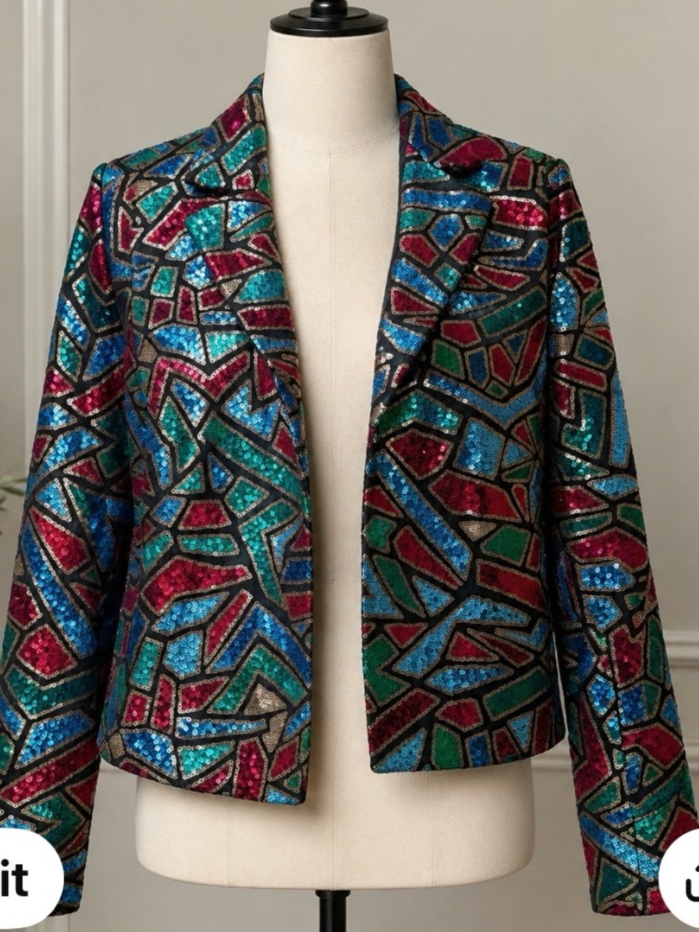 Sequined Mosaic Open-Front Jacket in Teal, Blue & Red Aidan Mattox NWT